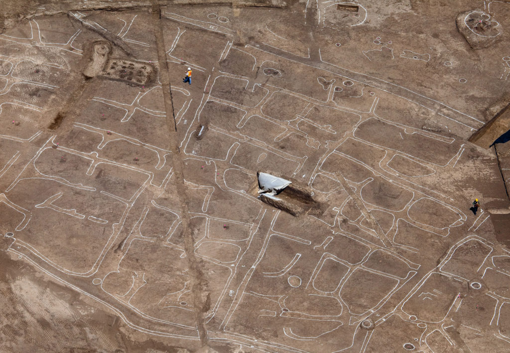 Aerial view of an early field system documented by Desert Archaeology at Las Capas, Tucson, Arizona.