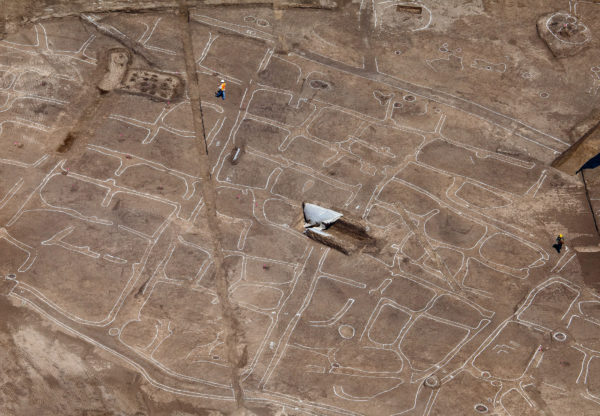 Aerial view of early agricultural fields documented by Desert Archaeology at Las Capas, Tucson, Arizona.
