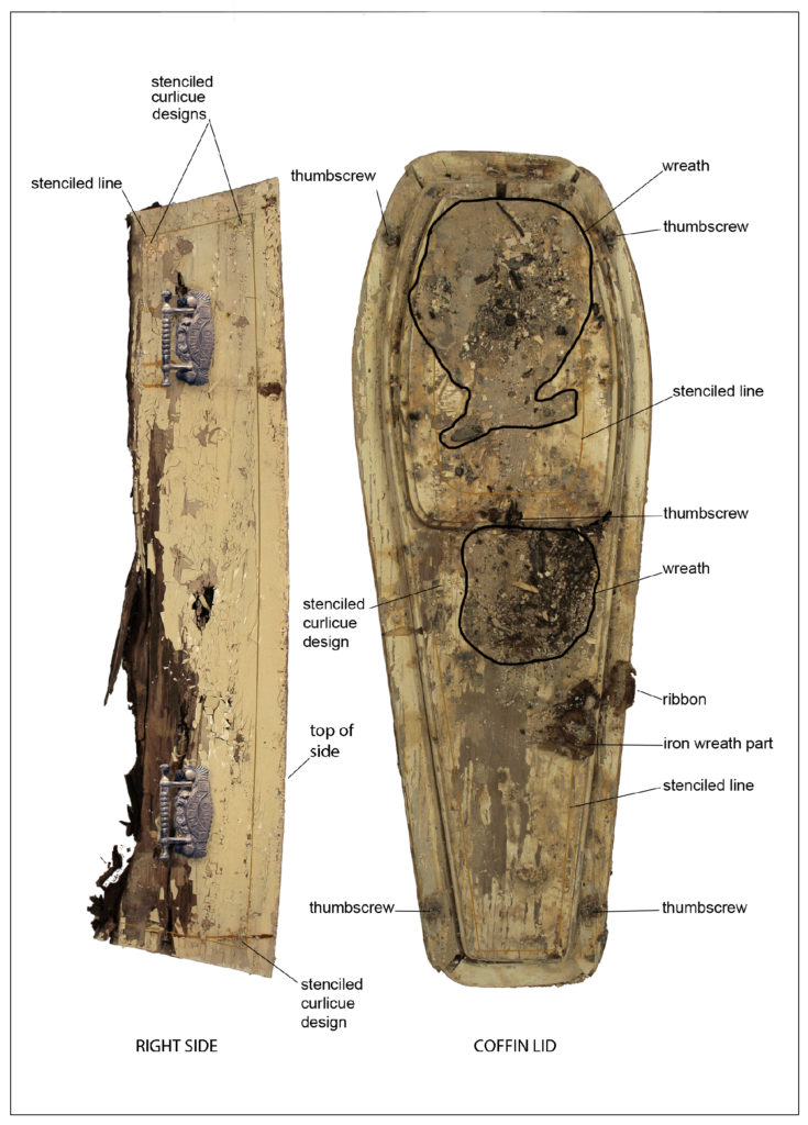 Plant remains and ribbon on the lid of this walnut wood coffin, excavated by Desert Archaeology, came from a rose wreath. The coffin handles had the saying "Our Darling" on them (photograph by Robert Ciaccio).