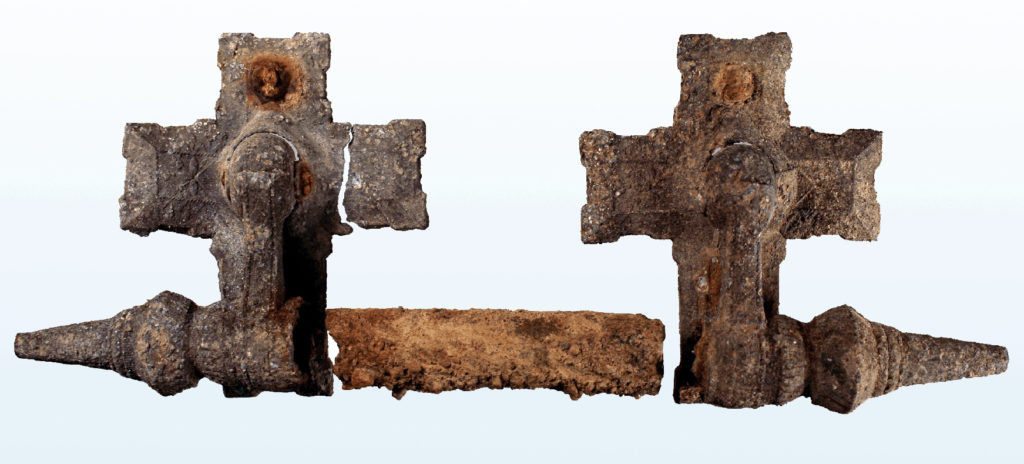 Cross-shaped coffin handle found by Desert Archaeology crew in a grave in the Catholic portion of the Court Street Cemetery