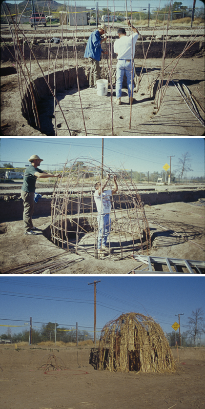 A Cienega phase pithouse replicated at the Clearwater site by Desert Archaeology crew.