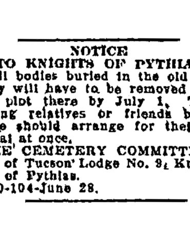 Knights of Pythias cemetery announcement in the Tucson Citizen, 1915