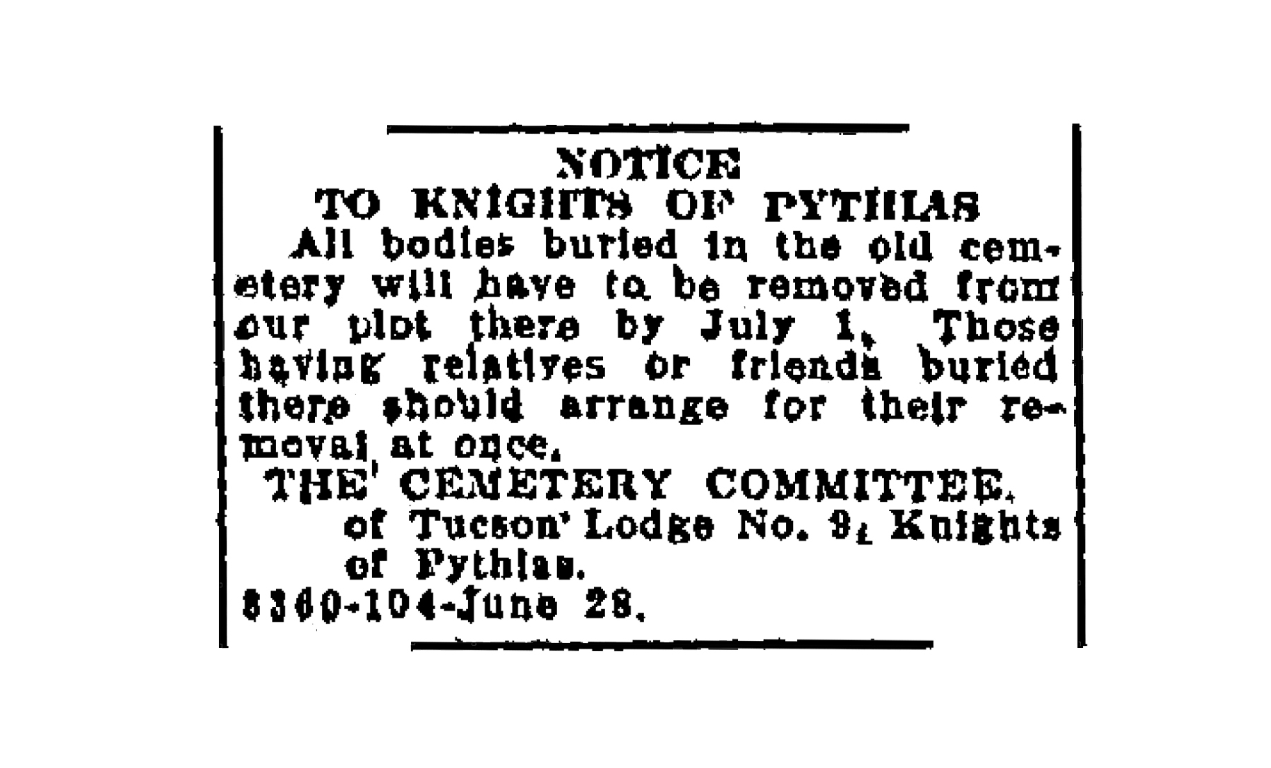 Knights of Pythias cemetery announcement in the Tucson Citizen, 1915