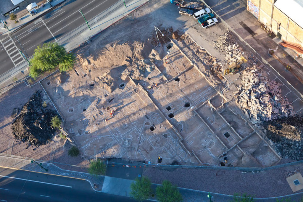 Aerial photograph of Desert Archaeology downtown Tucson excavations on Block 91
