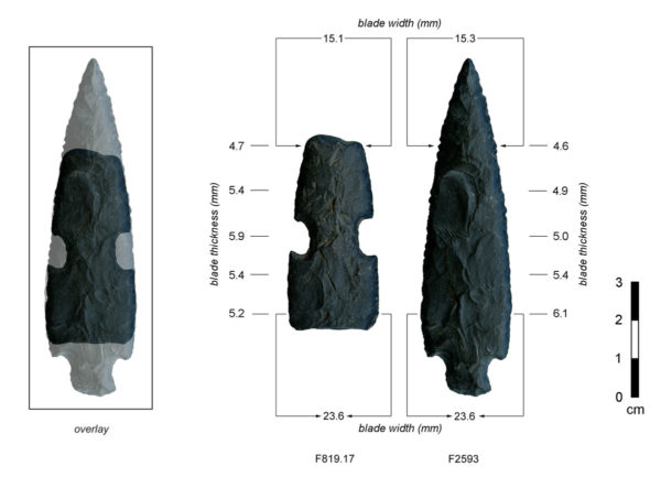 Desert Archaeology Los Pozos artifact array reworked point with comparison to matching piece