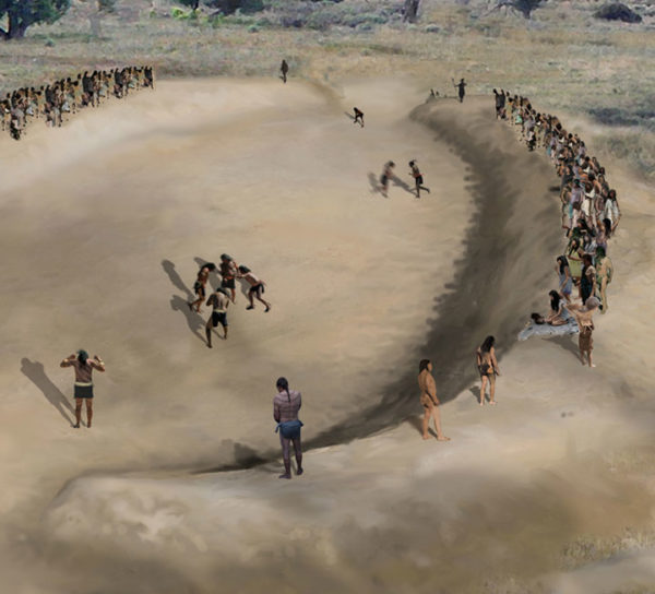 <em>Artist’s reconstruction of a game in progress in a ball court near Tucson. Illustration by Rob Ciaccio.</em>