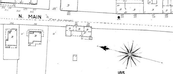 <em> The 1901 Sanborn Fire Insurance Map shows the Romero house just to the left of the north arrow.</em>
