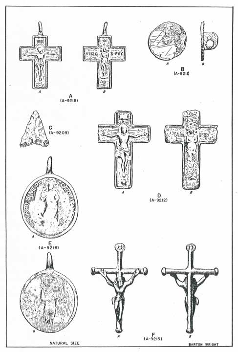 <em>Artifacts recovered from the San Agustín Mission cemeteries during the 1950s excavations (drawn by Barton Wright, courtesy Arizona State Museum).</em>