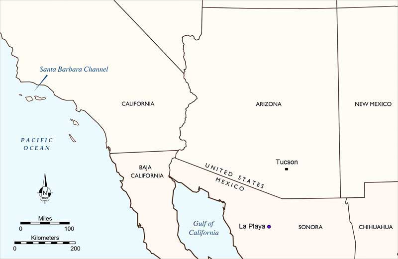 Map of the southwest US showing where abalone shell is found