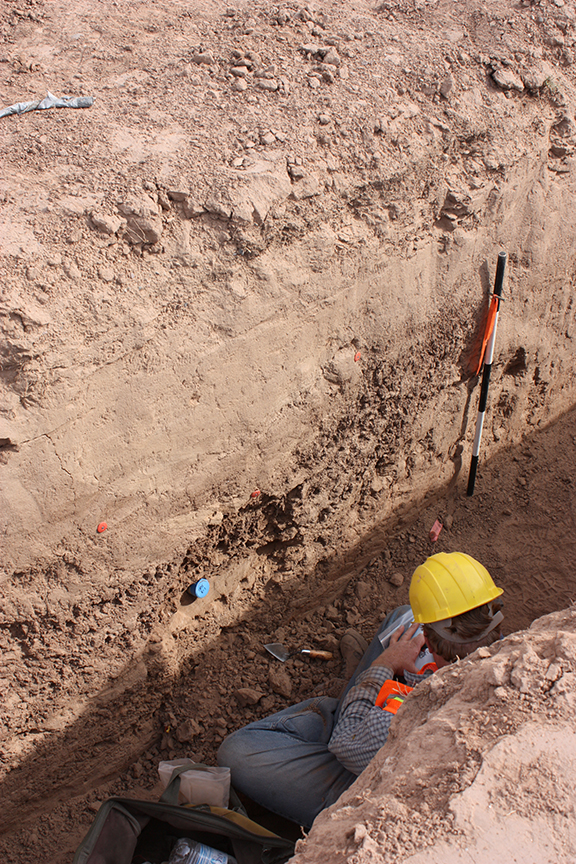The pipe for an equivalent dose sample embedded in an exposure of canal sediments during Desert Archaeology’s excavations