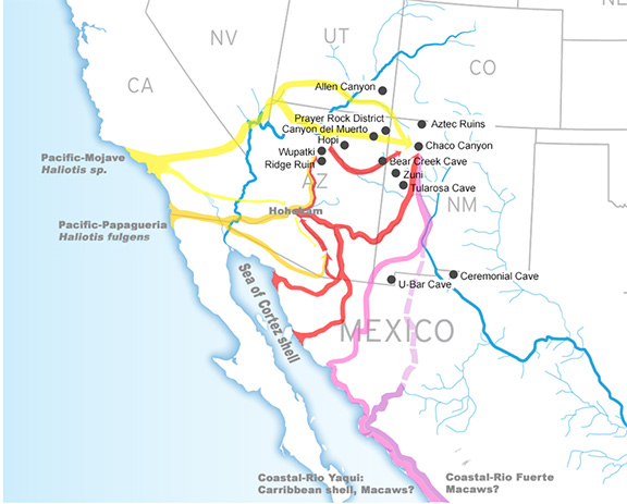 Map showing prehistoric shell trade routes in the Southwest.