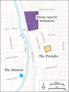 Map showing the locations of the Presidio, San Agustín Mission, and an Apache settlement in early 19th century Tucson