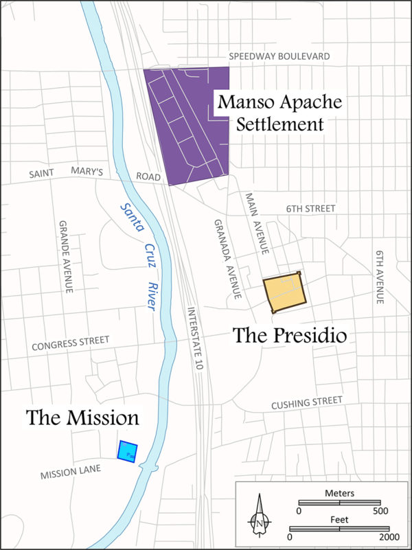 Map showing the locations of the Presidio, San Agustín Mission, and an Apache settlement in early 19th century Tucson 
