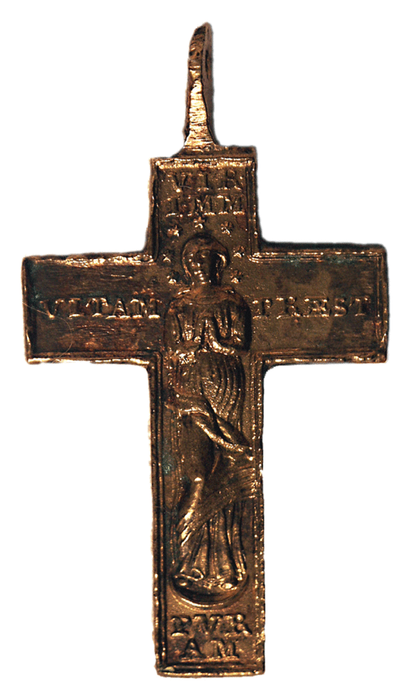 Metal crucifix from the Tucson Presidio, stamped with image of the Virgin Mary