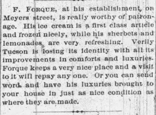 Positive review of Forque's ice cream saloon, Arizona Weekly Citizen, 13 May 1876
