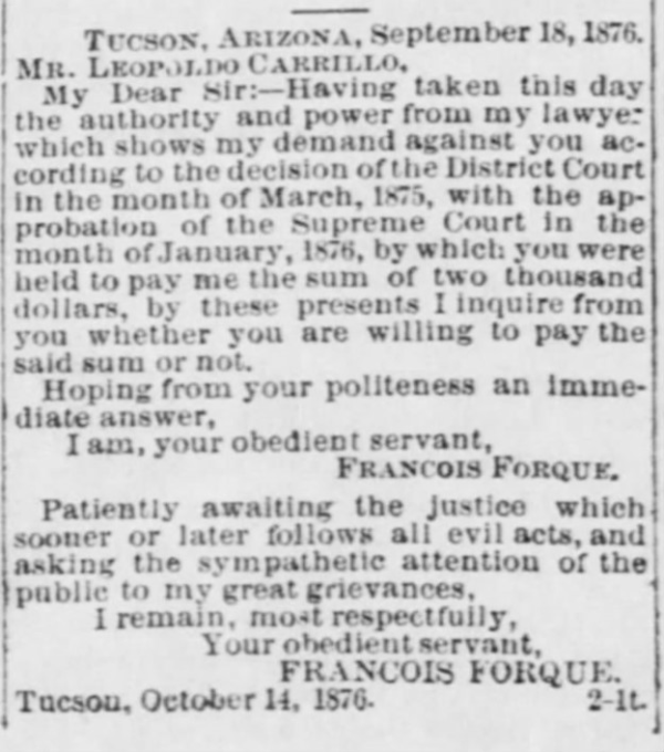 Letter from Forque demanding payment from Carrillo, Arizona Weekly Citizen, 14 October 1876.