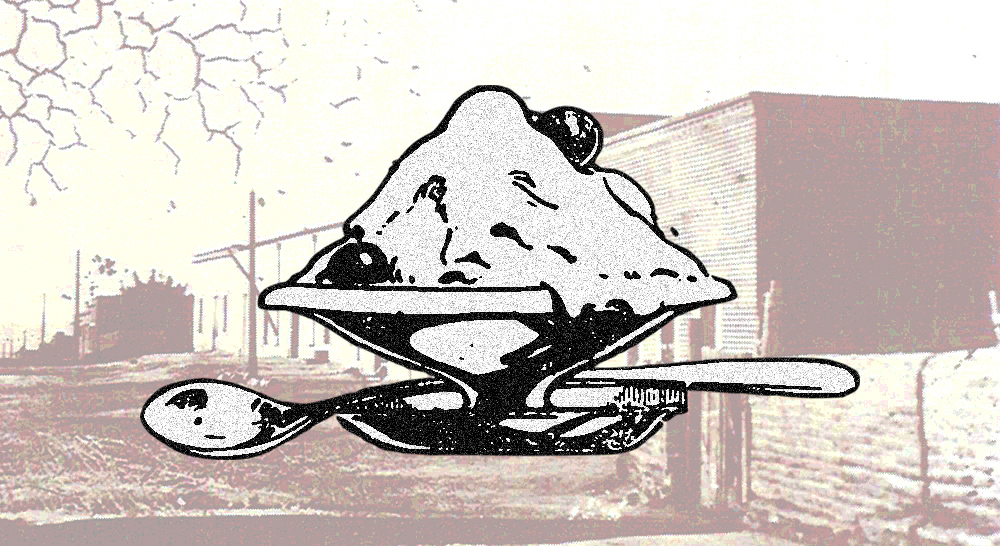 Line drawing of a bowl of ice cream superimposed on a historic photograph of downtown Tucson