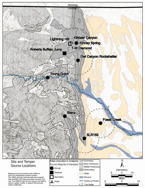 map showing sites and ceramic temper source areas in northeastern Colorado