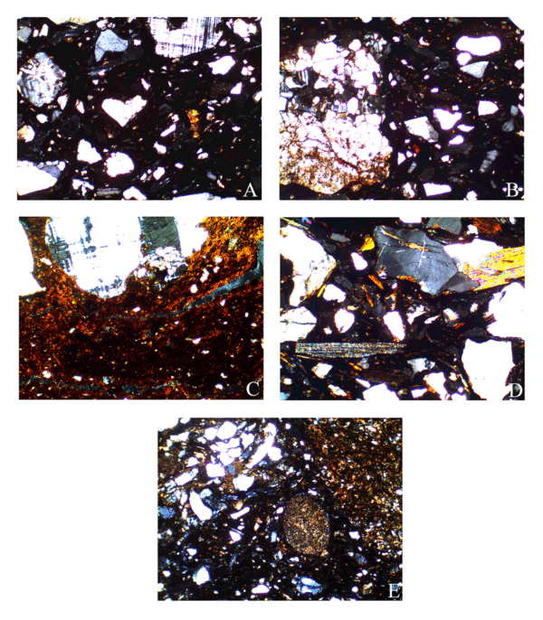 views of ceramic thin sections through a petrographic microscope, showing mineral temper inclusions