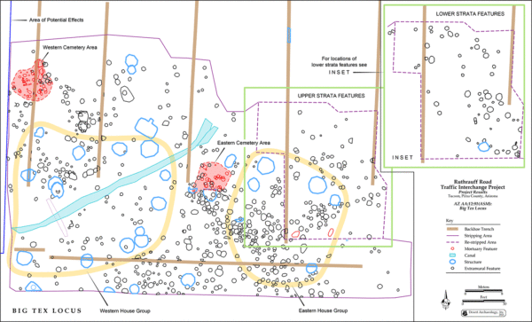 Map of the eastern and western house groups and cemeteries at the Big Tex locus of Los Pozos.