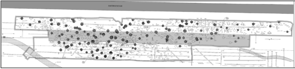 Map showing crowded structures from repeated reoccupation of the central portion of Los Pozos