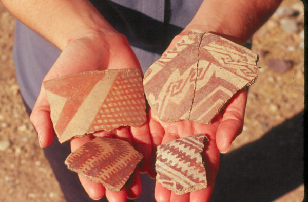 Photo of four large painted Hohokam pottery sherds held in a person's hands. The decoration is brownish-red paint on a light tan background.