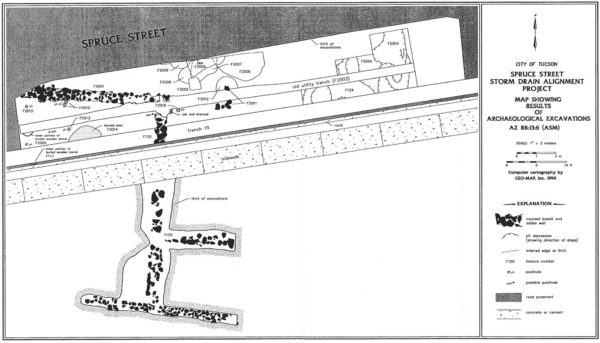Photocopied map showing archaeological features encountered while excavating a Chinese gardener's household in Tucson. The map shows Spruce Street, the sidewalk, house foundations, and pits dug into the property.