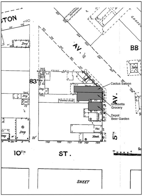 1889 Sanborn Fire Insurance map showing the location of the Cactus Saloon, at the obtuse-angled corner of 5th Avenue and Toole Avenue in downtown Tucson.