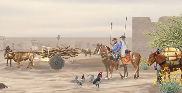 Part of the mural at the Presidio Museum, showing Native people inside the Presidio walls with firewood in an oxcart and unnamed goods in sacks on burro-back to trade. Two Mexican soldiers on horseback hold spears. A chicken and rooster are in the foreground.
