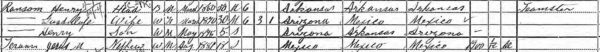 Lines from the 1900 census, listing Henry Ransom, son Henry, and partner Guadalupe