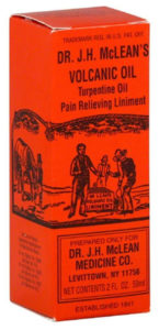 Modern packaging for a bottle of Dr. J. H. McLean’s Volcanic Oil, which is red-orange with a pen-and-ink illustration on the front and does not appear to have changed since the early 1900s