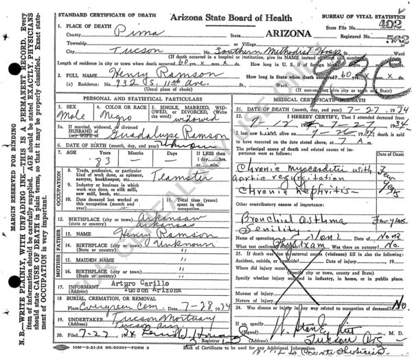 Henry Ransom's death certificate, listing chronic myocarditis with aortic regurgitation, and chronic nephritis, as the causes of death