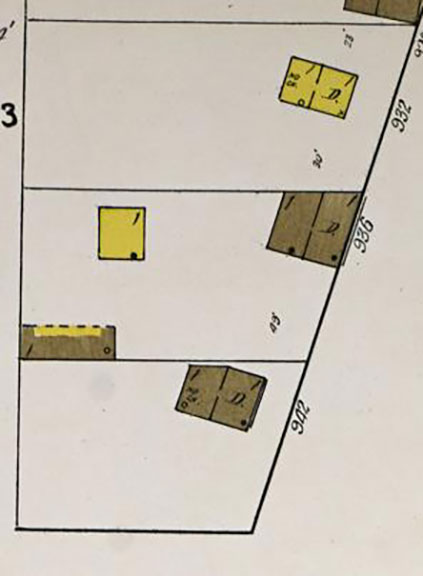 The Ransom house appears on the Sanborn Fire Insurance map as a small yellow rectangle on a trapezoidal lot. The house sat at an angle on the lot, with its front wall parallel to Osborn Avenue to the east.