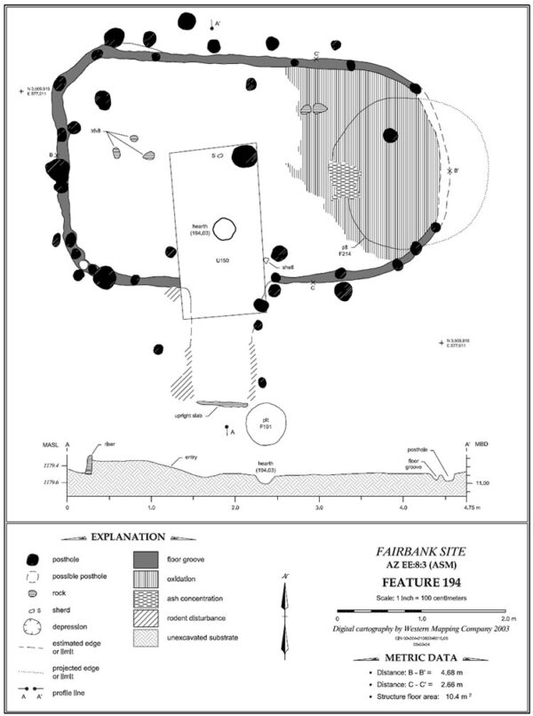 Line drawing map of a Hohokam house-in-pit at Fairbank. The house is sub-rectangular with rounded corners, with an entryway extending from one long side.