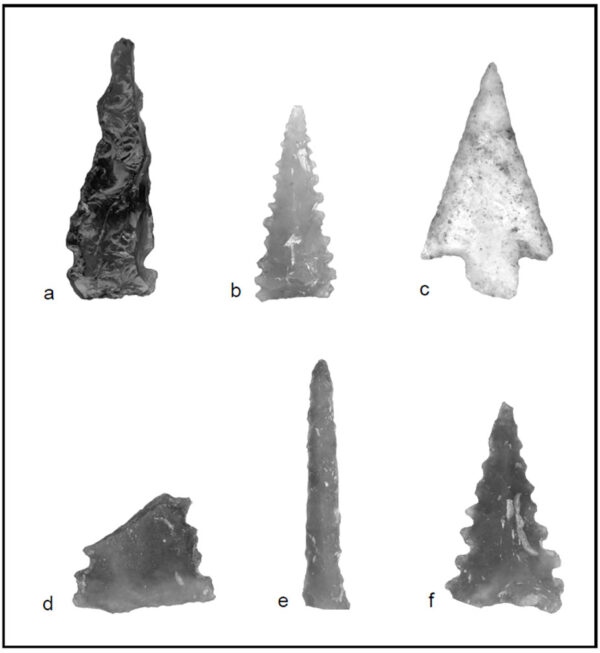 Photo of five Hohokam projectile points and one drill bit. The drill bit is long and narrow.